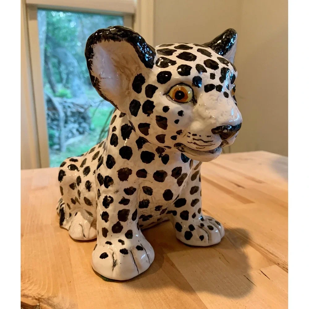 Vintage Mid-Century Majolica Leopard Cub White and Black made in Italy
